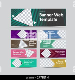 Big set of templates of horizontal color web banners with different geometric shapes for images. Universal design for business and advertising. Stock Vector