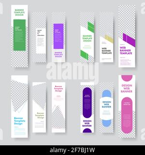 large set of vector vertical white banner templates with space for photos and various geometric color shapes. Design for web standard size. Stock Vector