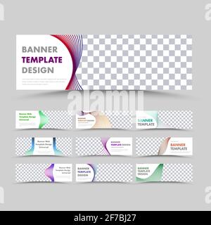 Big set of vector horizontal white web banners with wavy abstract color lines and photo labels. Standard Size Templates Stock Vector