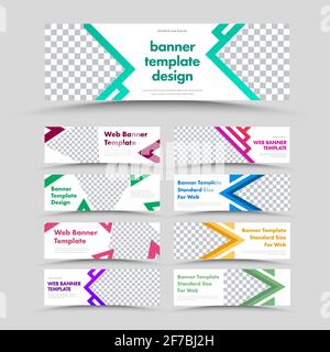 Large set of vector white horizontal web banners with arrows, triangles and place for photo. Standard size for advertising. Stock Vector