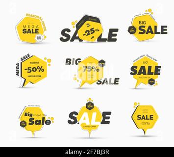 Set of vector yellow tags in the shape of a hexagon with a thin stroke, for a big sale. Templates banners with a percentage discount. Stock Vector