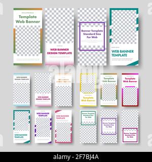 Big  set of universal vertical vector white web banners with photo frames and color elements. Standard size templates for advertising. Stock Vector