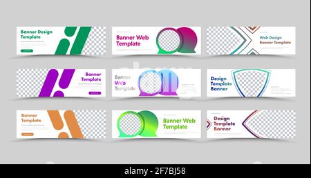 Universal set of horizontal white web banners with place for photo and color different design elements. Standard size templates for business and river Stock Vector