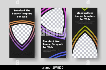 Design of vertical black web banners with place for photo and stroke with gradient. Templates of standard size. Set Stock Vector