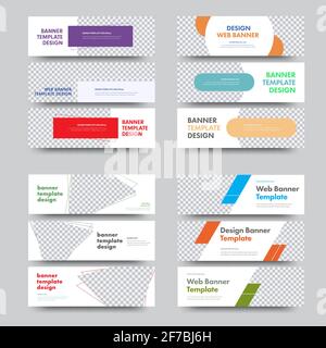 Big set of templates of vector horizontal white banners with a place for a photo and different geometric color shapes. Design for web standard size. Stock Vector