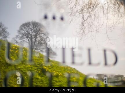 Castle Mound, Oxford Castle, Reflected in Nuffield College, University of Oxford, Oxfordshire, England. UK, GB.