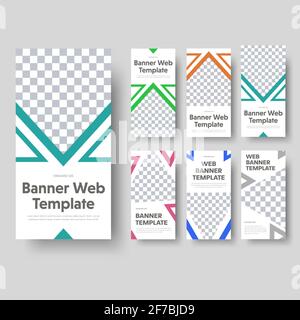 Big set of vertical white web banners with a place for a photo and colored triangular design elements. Standard size templates for advertising. Stock Vector