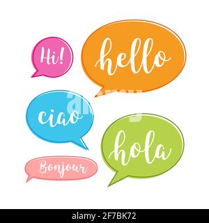 Hello bubble in different language. English, italian, french, spanish speech school, hello concept Stock Vector