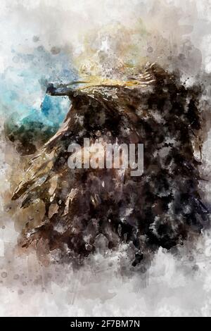Watercolor, Golden eagle looking around. A majestic golden eagle takes in its surroundings from its spot amongst vegetation Stock Photo