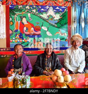 (210406) -- LHASA, April 6, 2021 (Xinhua) -- Dacho (C) and her family members pose for a photo at home in Lalho Township, Saga County of Xigaze, southwest China's Tibet Autonomous Region, Jan. 14, 2021. Dacho, born in 1929, is a resident in Lalho Township, Saga County of Xigaze, southwest China's Tibet Autonomous Region. She was made a serf in her early childhood and had suffered an unimaginable ordeal until the democratic reform in 1959.'The serf owner kept a roster listing dates of birth of all local residents, who would be made serfs at certain age, regardless of gender or health condition, Stock Photo