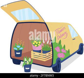 Flower delivery auto with opened trunk flat color vector object Stock Vector