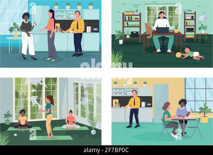 Corporate wellness flat color vector illustration set Stock Vector