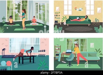 Employee healthy lifestyle flat color vector illustration set Stock Vector
