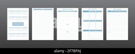 2025 calendar daily weekly monthly personal planner diary template in strict minimalist urban style gray blue color. individual schedule Week starts o Stock Vector