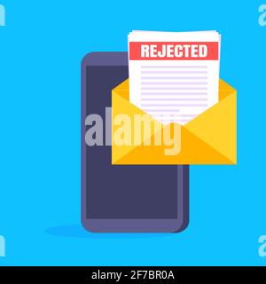 College or university reject letter with hand holds smartphone, open envelope document email. Job employment, college acceptance success or business e Stock Vector