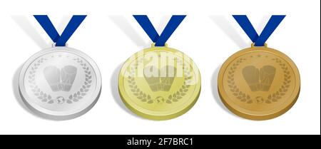 set of sport medals with emblem of sports boxing gloves with laurel wreath for competition. Gold, silver and bronze award with blue ribbon. 3d vector Stock Vector