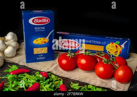 BARILLA products. Italian Italian spaghetti number 7 and pasta Risoni. Barilla group produces several kinds of pasta and it is the world's leading pasta maker. Stock Photo