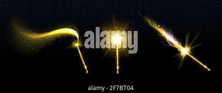 Gold magic wand with star and spell sparkles isolated on transparent background. Vector realistic set of magician rod, wizard stick with fairy golden light, shiny trace and lightnings Stock Vector