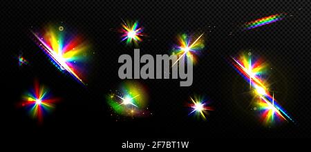 Rainbow light flare effects, bright iridescent glare isolated on transparent background. Colorful rays with blur and golden sparkles. Vector realistic set of spectrum glow from lens or prism filter Stock Vector