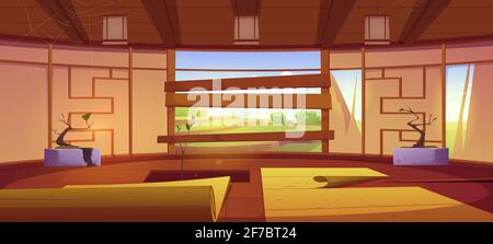 Old dojo, traditional japanese room for karate and meditation. Vector cartoon interior of empty abandoned dojo with broken wall, mats, hole in floor and boarded up window Stock Vector