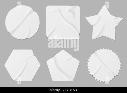 White stickers or patches mockup. Blank shrunken labels of different shapes round, square, star, pentahedron and hexahedron or notched circle wrinkled paper emblems, Realistic 3d vector icons set Stock Vector