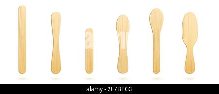 Popsicle sticks, wooden elements for holding ice cream, tongue depressor for throat medical examination different shapes and sizes isolated on white background, Realistic 3d vector Illustration, set Stock Vector