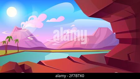 Prehistoric landscape with volcano, mountains, lake and palm trees. Summer scene with rocks, tropical plants and river. Vector cartoon illustration of volcanic eruption in jurassic time Stock Vector