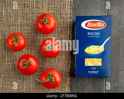 BARILLA products. Italian pasta Risoni. Barilla group produces several kinds of pasta and it is the world's leading pasta maker. Stock Photo