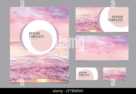 Corporate identity presentation design, sea at dawn, delicate pink watercolor background Stock Vector
