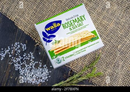 Russia, Kazan, 06 April 2021: Wasa delicious crisps with rosemary and sea salt. Wasa is the world's largest Baker, selling its products in 40 countries, from Scandinavia to America. Stock Photo