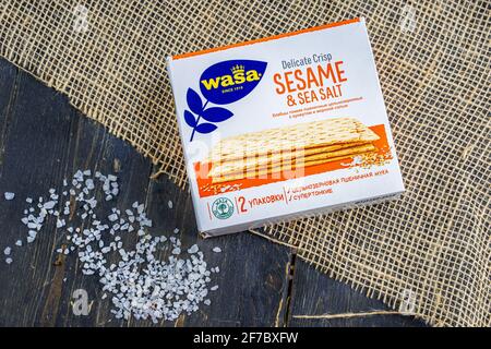 Russia, Kazan, 06 April 2021: Wasa delicious crisps with sesame and sea salt. Wasa is the world's largest Baker, selling its products in 40 countries, from Scandinavia to America. Stock Photo