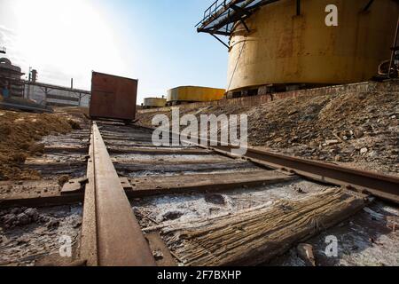 Demolition of outdated Soviet sulfuric acid plant industrial building. Outside view. Title: Danger. Sulfuric Acid. Stock Photo