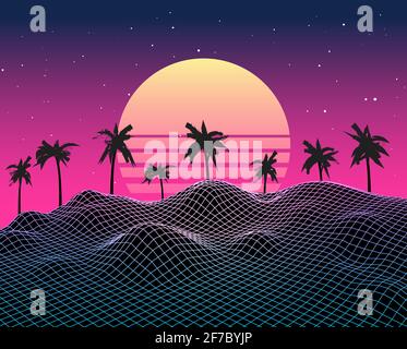 Retro vaporwave backgroud future landscape 80s aesthetic laser synthwave grid Stock Vector