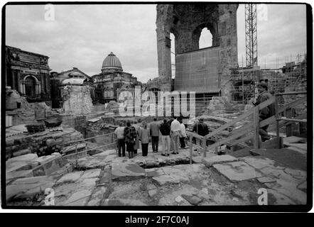 Dresden Eastern Germany after reunification 1994 Seen here The ruins of the Dresden Frauenkirche destroyed during bombing in February  1945 being prepared for reconstruction. The Dresden Frauenkirche  Church of Our Lady is a Lutheran church in Dresden, the capital of the German state of Saxony.  Built in the 18th century, the church was destroyed in the bombing of Dresden during World War II. The remaining ruins were left for 50 years as a war memorial, following decisions of local East German leaders. The church was rebuilt after the reunification of Germany, starting in 1994. The reconstruct Stock Photo
