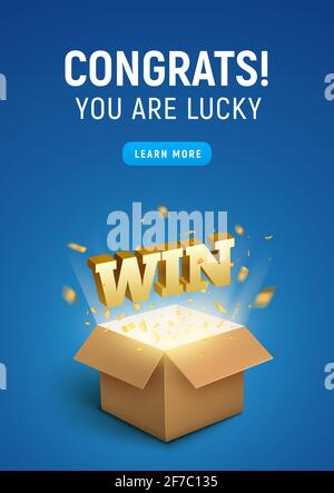 Gift prize box lottery WIN text. Magic box present for winner, enter ...