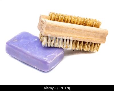 Hand brush and soap isolated on white background Stock Photo