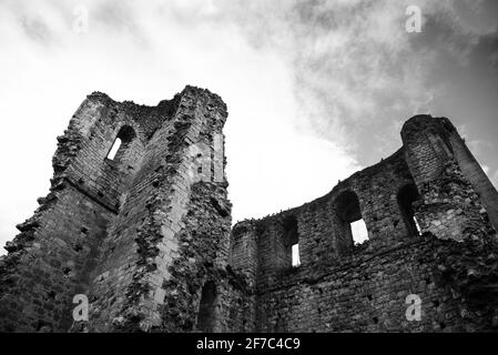 Ruins of the Tower of Ganne, built by Louis VI the fat in 1127. Grez-sur-Loing,  Seine-et-Marne, France. Europe heritage monuments conservation. Black Stock Photo