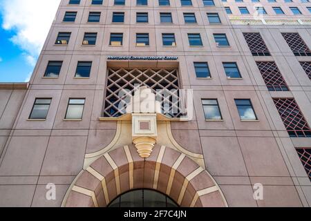 Postmodern facade of the Miami-Dade County Cultural Center, featuring geometric forms and ornamental detailing, Miami, Florida, USA Stock Photo