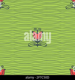 Seamless vector pattern with tulips on textured green background. Simple floral wallpaper design. Romantic line art fashion textile. Stock Vector
