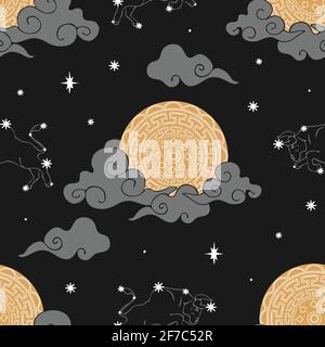 Seamless vector pattern with zodiac moon on dark brown background. Astronomy night wallpaper design with Taurus. Chinese culture fashion textile. Stock Vector