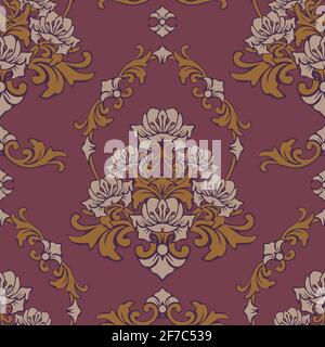 Seamless vector pattern with damask flower on purple background.  Rococo floral wallpaper design. Luxury baroque fashion textile. Stock Vector