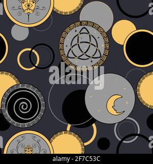 Seamless vector pattern with circle spiritual talisman on grey background. Ethnic symbol wallpaper design. Moon witch fashion textile. Stock Vector