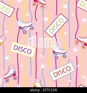 Seamless vector pattern with roller skates on pink background. Retro party wallpaper design with neon colours. Vintage disco repeat art. Stock Vector