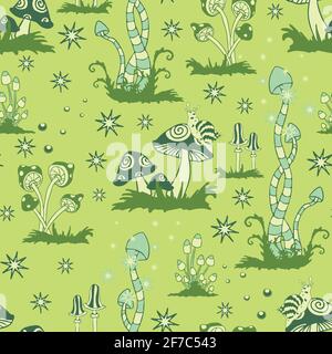 Seamless vector pattern with mushroom forest on green background. Fantasy landscape wallpaper design. Abstract magic fashion textile. Stock Vector