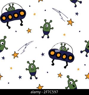Seamless vector pattern with hand drawn aliens on white background. Cartoon UFO wallpaper design for children. Fun fashion textile with spaceship. Stock Vector