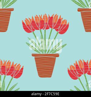Seamless vector pattern with tulips in pot on blue background. Simple romantic floral wallpaper design. Textured flowerpot fashion textile. Stock Vector
