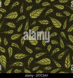 Seamless vector pattern with leaves on dark green background. Textured nature wallpaper design. Simple mesh and leaves fashion textile. Stock Vector