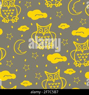 Seamless vector pattern with yellow owls on grey background. Night bird wallpaper design with moon and stars. dreamlike fashion textile. Stock Vector