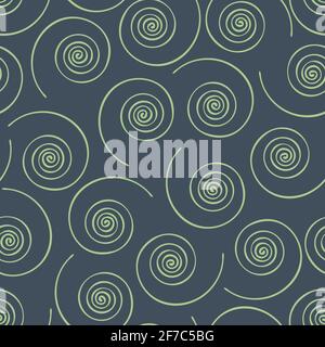 Seamless vector pattern with spiral lines on blue background. Simple twirl wallpaper design. Artistic fashion textile texture. Stock Vector