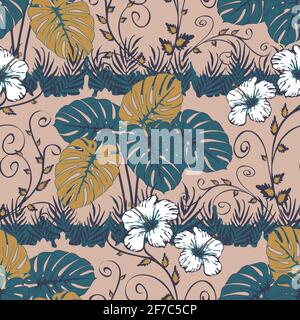 Seamless vector pattern with tropical plants on pink background. Floral wallpaper design with white flowers. Botanical landscape fashion textile. Stock Vector